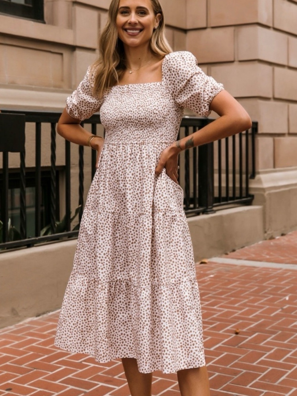 100% Cotton Smocked Polka Dot Midi Dress